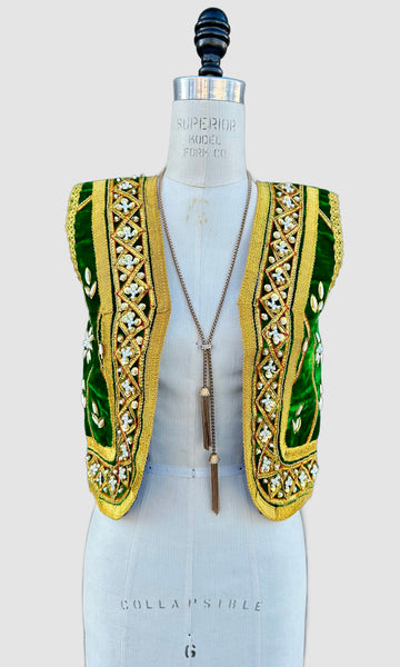 VINTAGE JEWELED VELVET Green & Gold 60s/70s Vest • Small