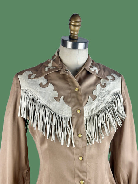 HILLBILLY WESTERNS Denver 40s Western Leather Fringe Gabardine Shirt • Small