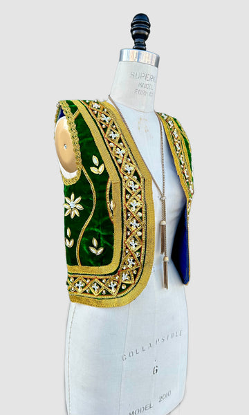VINTAGE JEWELED VELVET Green & Gold 60s/70s Vest • Small