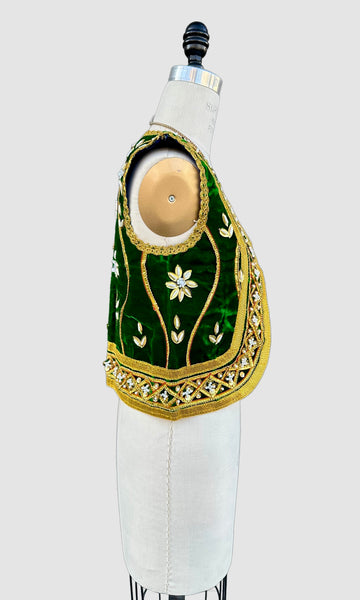 VINTAGE JEWELED VELVET Green & Gold 60s/70s Vest • Small