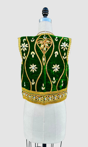 VINTAGE JEWELED VELVET Green & Gold 60s/70s Vest • Small