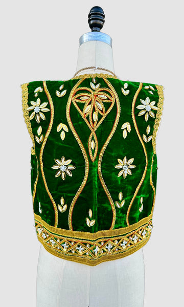 VINTAGE JEWELED VELVET Green & Gold 60s/70s Vest • Small