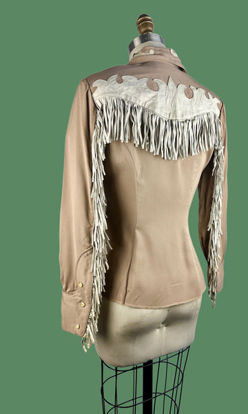 HILLBILLY WESTERNS Denver 40s Western Leather Fringe Gabardine Shirt • Small