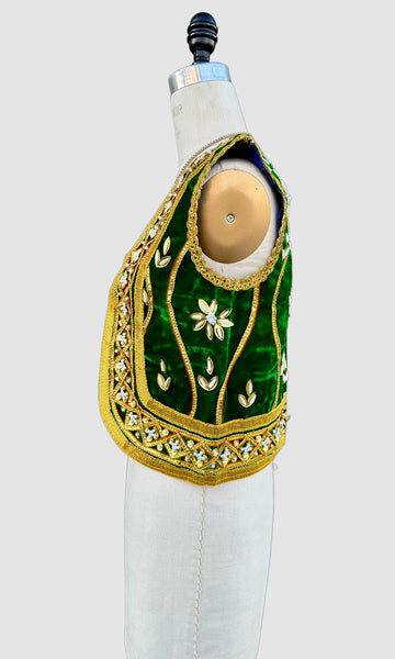 VINTAGE JEWELED VELVET Green & Gold 60s/70s Vest • Small