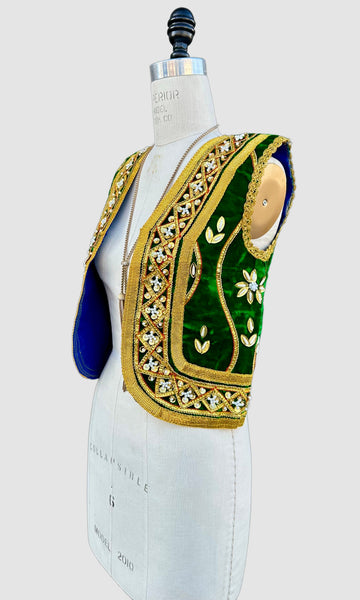 VINTAGE JEWELED VELVET Green & Gold 60s/70s Vest • Small