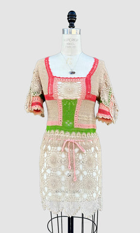 HANDMADE CROCHET 60s Short Sleeve Mini Dress TD06 • Small