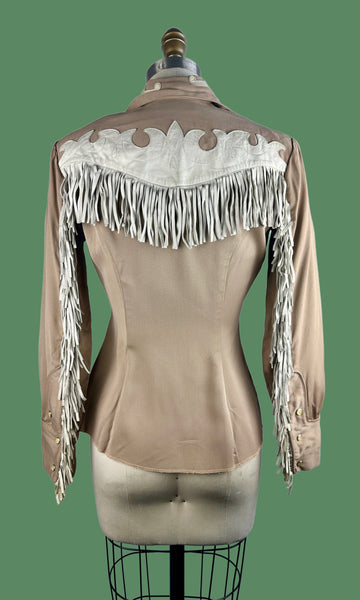 HILLBILLY WESTERNS Denver 40s Western Leather Fringe Gabardine Shirt • Small