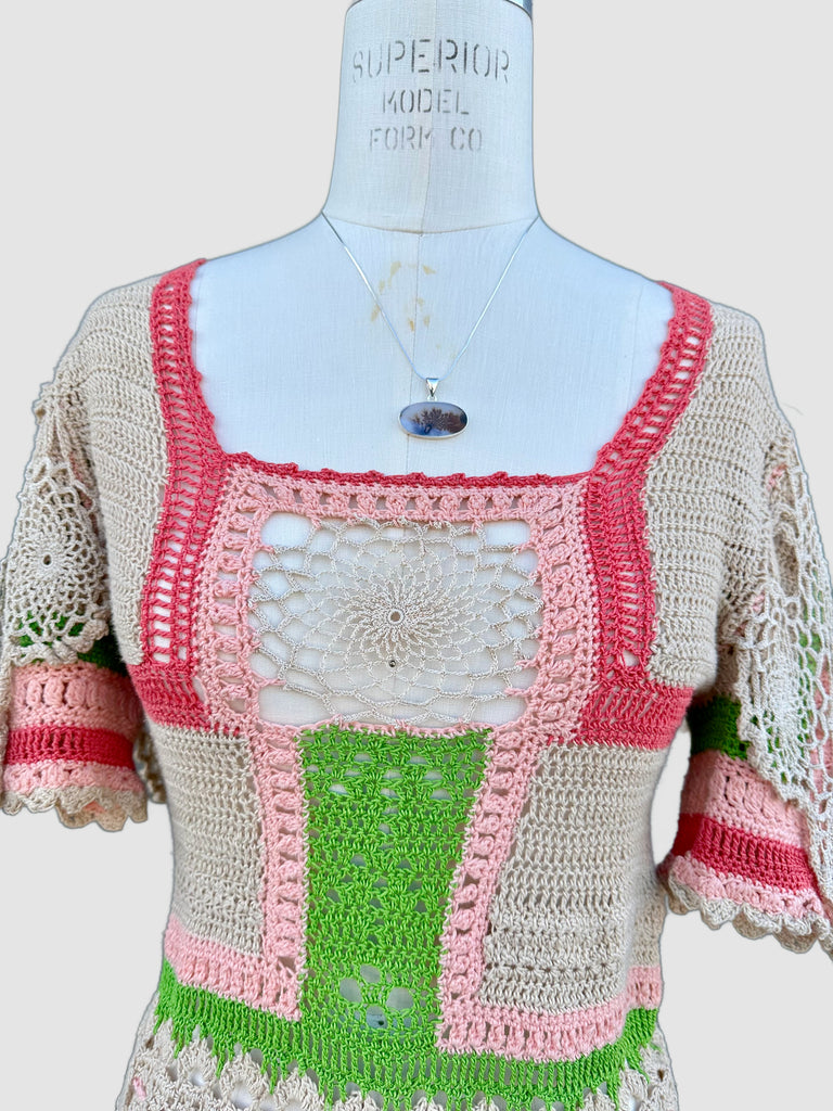 HANDMADE CROCHET 60s Short Sleeve Mini Dress TD06 Small Love Street Vintage HANDMADE CROCHET 60s Short Sleeve Mini Dress TD06 Small Love Street Vintage