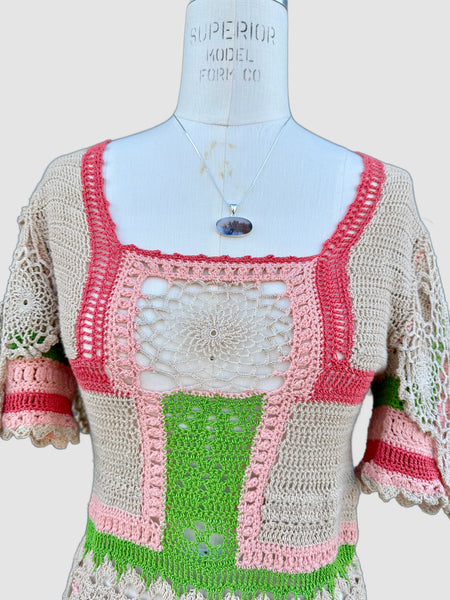 HANDMADE CROCHET 60s Short Sleeve Mini Dress TD06 • Small