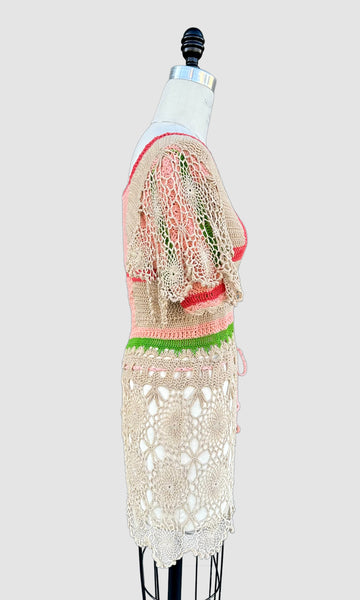 HANDMADE CROCHET 60s Short Sleeve Mini Dress TD06 • Small