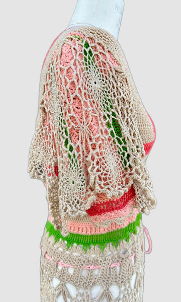 HANDMADE CROCHET 60s Short Sleeve Mini Dress TD06 • Small