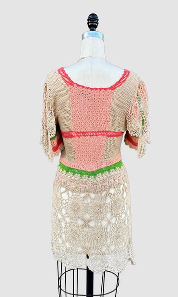 HANDMADE CROCHET 60s Short Sleeve Mini Dress TD06 • Small