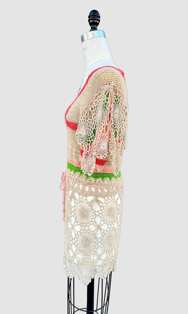 HANDMADE CROCHET 60s Short Sleeve Mini Dress TD06 Small Love Street Vintage HANDMADE CROCHET 60s Short Sleeve Mini Dress TD06 Small Love Street Vintage