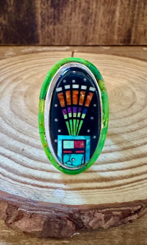 SYLVANA APACHE ZUNI Vintage Silver Pueblo Night Sky Inlay Ring JM12 • Size 10 1/2