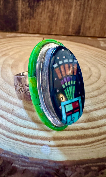 SYLVANA APACHE ZUNI Vintage Silver Pueblo Night Sky Inlay Ring JM12 • Size 10 1/2