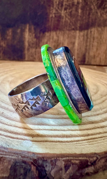 SYLVANA APACHE ZUNI Vintage Silver Pueblo Night Sky Inlay Ring JM12 • Size 10 1/2