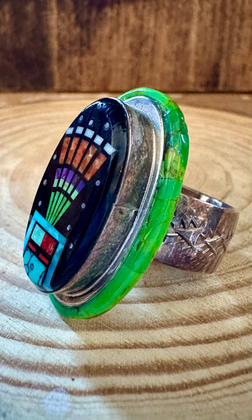SYLVANA APACHE ZUNI Vintage Silver Pueblo Night Sky Inlay Ring JM12 • Size 10 1/2