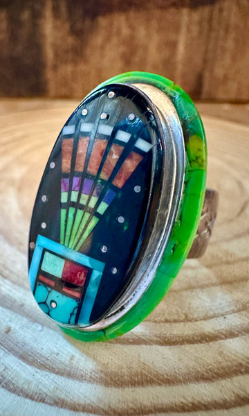 SYLVANA APACHE ZUNI Vintage Silver Pueblo Night Sky Inlay Ring JM12 • Size 10 1/2