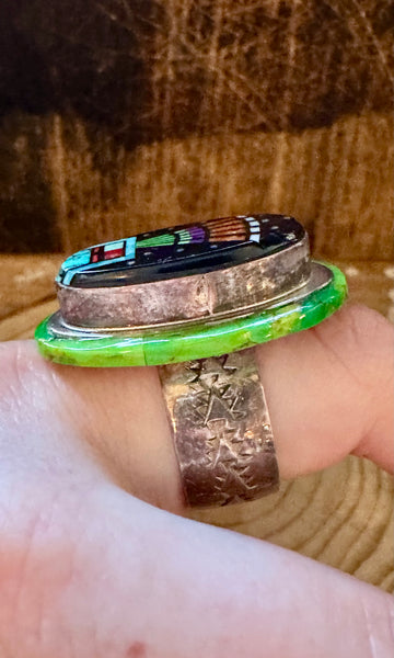 SYLVANA APACHE ZUNI Vintage Silver Pueblo Night Sky Inlay Ring JM12 • Size 10 1/2