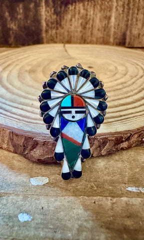 ZUNI KACHINA DOLL Vintage Silver Inlay Ring JM11 • Size 7 1/4