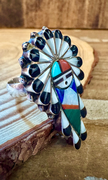ZUNI KACHINA DOLL Vintage Silver Inlay Ring JM11 • Size 7 1/4