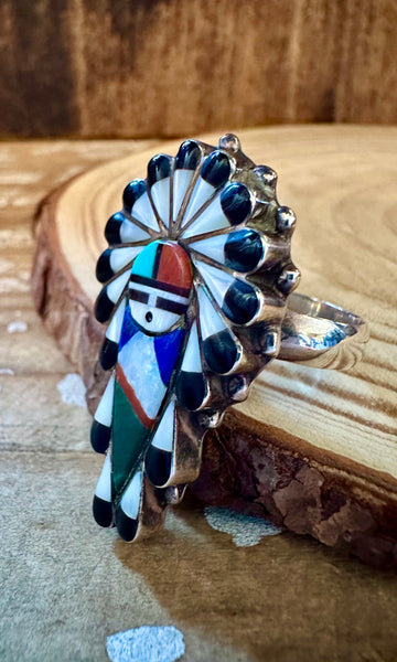 ZUNI KACHINA DOLL Vintage Silver Inlay Ring JM11 • Size 7 1/4