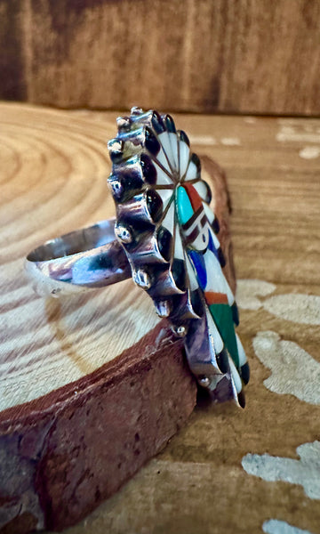 ZUNI KACHINA DOLL Vintage Silver Inlay Ring JM11 • Size 7 1/4
