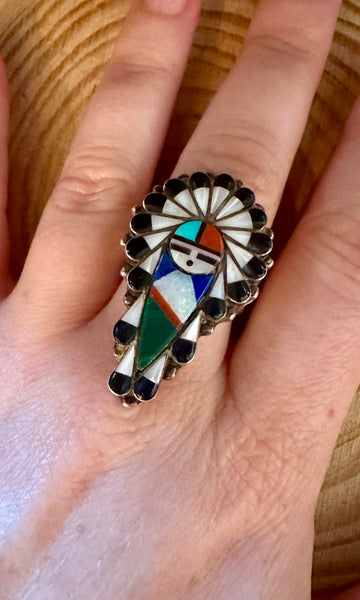 ZUNI KACHINA DOLL Vintage Silver Inlay Ring JM11 • Size 7 1/4