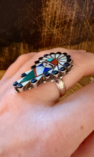 ZUNI KACHINA DOLL Vintage Silver Inlay Ring JM11 • Size 7 1/4