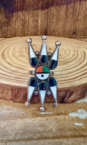ZUNI SUN FACE Vintage Silver Inlay Ring JM10 • Size 5 1/2