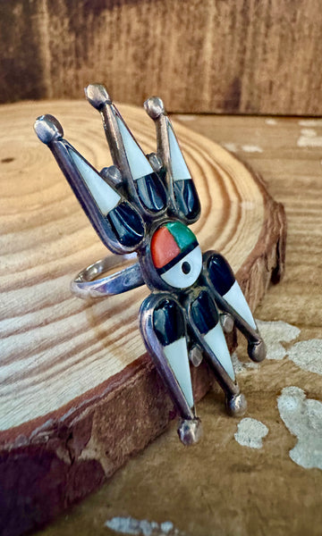 ZUNI SUN FACE Vintage Silver Inlay Ring JM10 • Size 5 1/2
