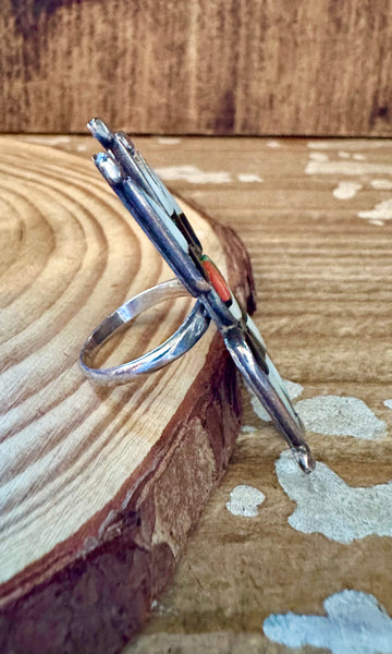 ZUNI SUN FACE Vintage Silver Inlay Ring JM10 • Size 5 1/2