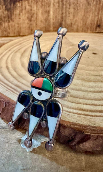 ZUNI SUN FACE Vintage Silver Inlay Ring JM10 • Size 5 1/2