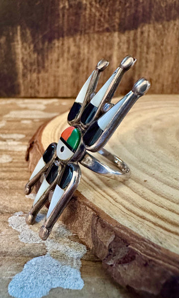 ZUNI SUN FACE Vintage Silver Inlay Ring JM10 • Size 5 1/2