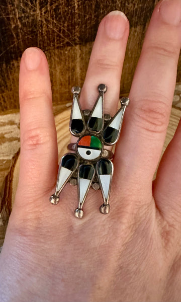 ZUNI SUN FACE Vintage Silver Inlay Ring JM10 • Size 5 1/2