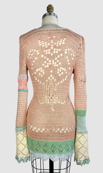 VINTAGE HANDMADE CROCHET 60s Long Sleeve Mini Dress • Size Small