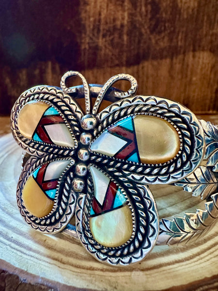 JM YAZZIE ZUNI Butterfly Silver Inlay Cuff JM20