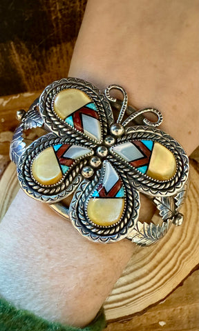 JM YAZZIE ZUNI Butterfly Silver Inlay Cuff JM20