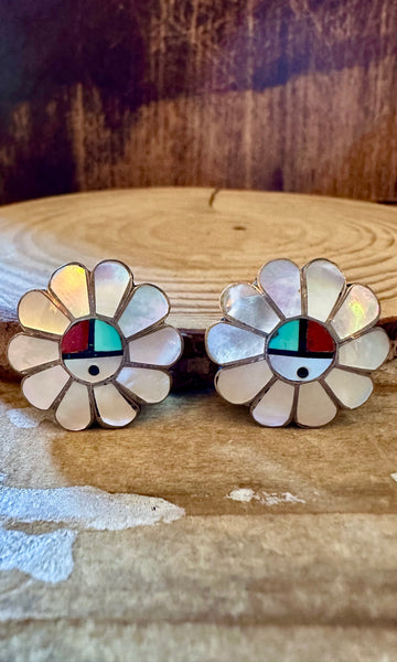 ZUNI SUN FACE Vintage Silver & Mother of Pearl Clip On Earrings JM06