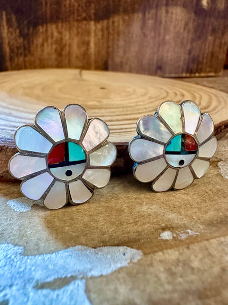 ZUNI SUN FACE Vintage Silver & Mother of Pearl Clip On Earrings JM06