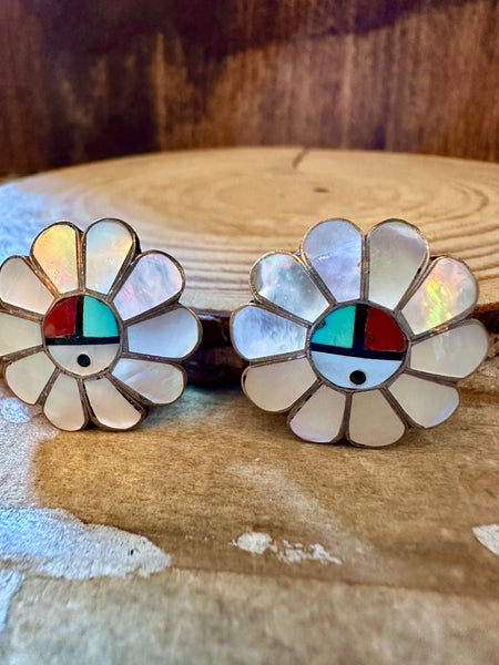 ZUNI SUN FACE Vintage Silver & Mother of Pearl Clip On Earrings JM06
