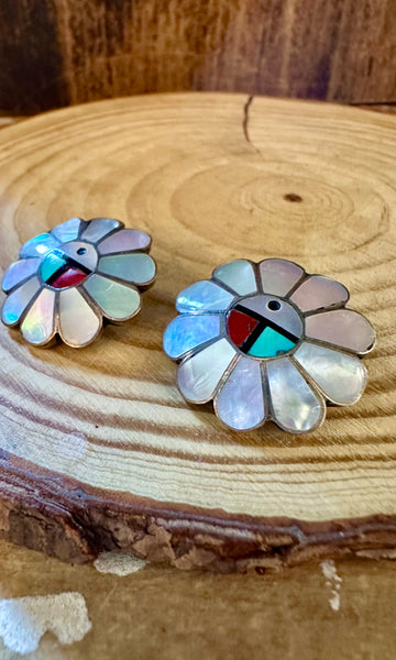 ZUNI SUN FACE Vintage Silver & Mother of Pearl Clip On Earrings JM06