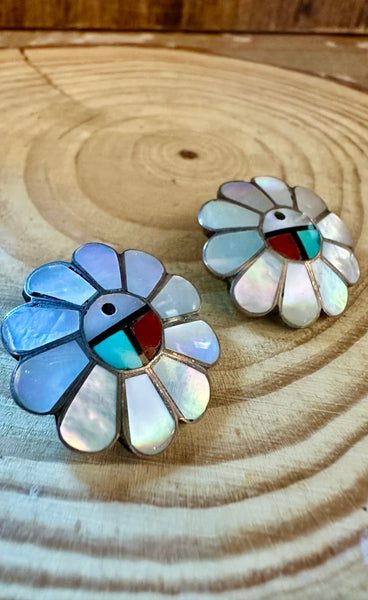 ZUNI SUN FACE Vintage Silver & Mother of Pearl Clip On Earrings JM06