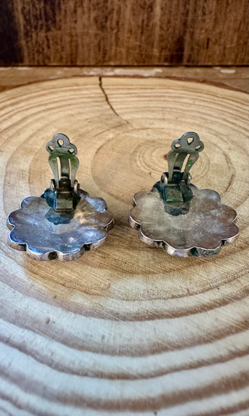 ZUNI SUN FACE Vintage Silver & Mother of Pearl Clip On Earrings JM06