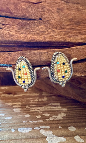 CORN HUSK Zuni Silver Vintage Stud Earrings JM07