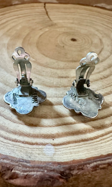 ZUNI TURQUOISE FLOWERS Vintage Silver Clip On Earrings JM01