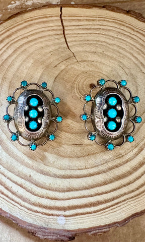 ZUNI SHADOW BOX Turquoise & Silver Vintage Clip On Earrings JM05