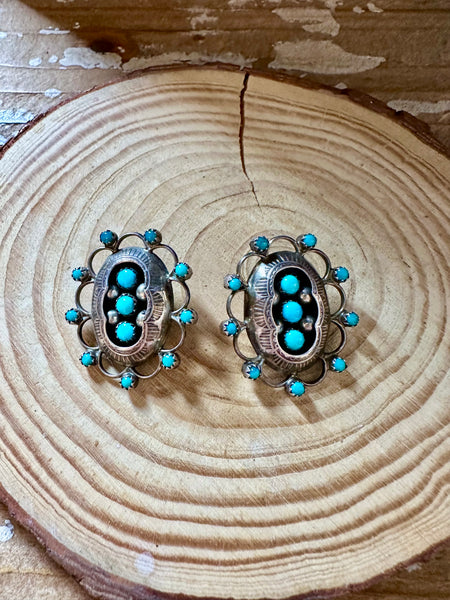 ZUNI SHADOW BOX Turquoise & Silver Vintage Clip On Earrings JM05