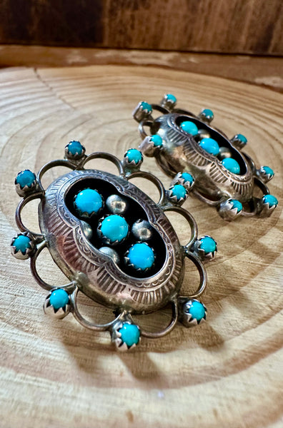 ZUNI SHADOW BOX Turquoise & Silver Vintage Clip On Earrings JM05