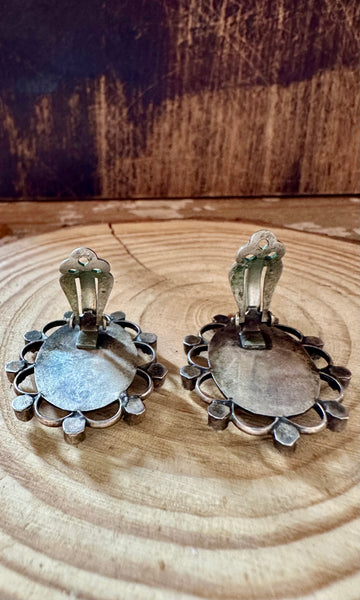 ZUNI SHADOW BOX Turquoise & Silver Vintage Clip On Earrings JM05